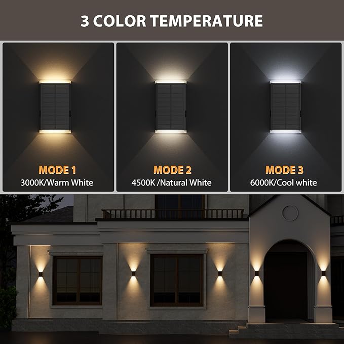 Solar Wall Light Outdoor , 3000/4000/6000K 3 Modes Dusk to Dawn Lighting Wall Sconce IP67 Waterproof Up and Down Solar Lights Outdoor Front Door Light for House, Garage, Porch, Doorway,Fence (8PACK)