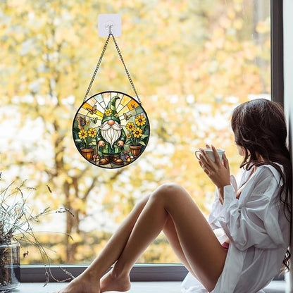 Stained Glass Window Hanging, Gnome in Garden Sun Catcher for Indoor Window Decoration with Flower & Butterfly, Stained Glass Home Decor Gift for Women and Men G02 (6.3'')