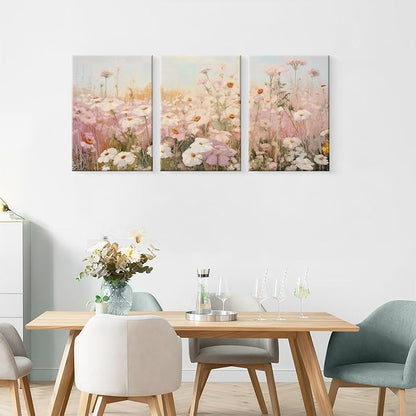 Framed Pink Wildflowers Canvas Wall Art Colorful Floral Poster Picture Vintage Country Painting Nature Landscape Modern Home Print Living Room Gallery Office Ready to Hang 12x16 Inch x3