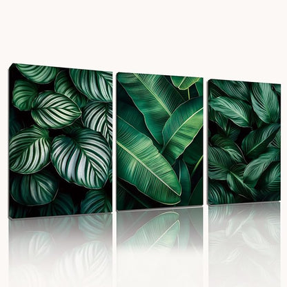 Emerald Green Leaf 3-Piece Canvas Wall Art – Nature-Inspired Tropical Plant Print for Living Room, Bedroom & Office – Modern Botanical Décor, Ready to Hang (12" x 18" x 3 pcs)