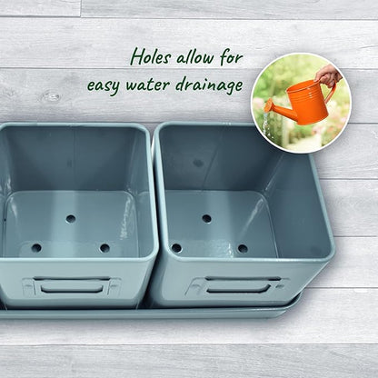 volila Herb Planter Indoor - Set of 3 Teal Blue Indoor Herb Garden Pots for Plants with Leather Handled Tray - Window Sill Plant Shelf - Herb Pots with Drainage Holes and Labels