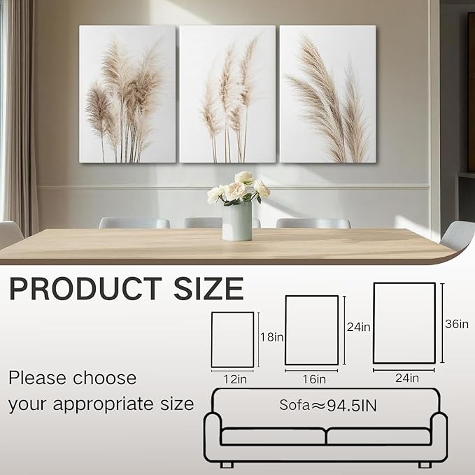Wivsev Pampas Grass Canvas Wall Art,Beige Botanical Wall Art,Nature Botanical Pictures Prints,Minimalist Wall Decor for Living Room,Bedroom,Bathroom Decorations (16" x 24" x 3 pcs)