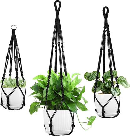 Macrame Plant Hanger - Fits 4 to 13 inches Pots for Indoor Outdoor, 35"/29"/23" Different Sizes Set, Black (POTS NOT Included)