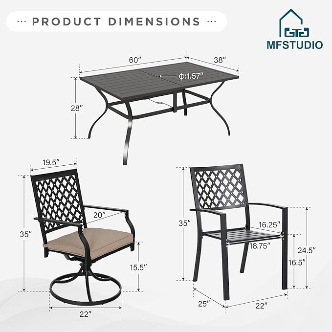 MFSTUDIO Patio Dining Set for 6, Outdoor Table and Chairs Set with Umbrella Hole, 7 Piece Metal Outdoor Dining Set, Patio Furniture Set for Deck Backyard Poolside Garden