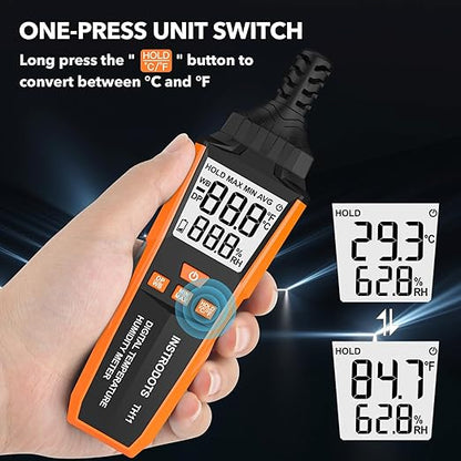 Temperature Humidity Meter, High Precision Digital Hygrometer with Ambient, Dew Point, Wet Bulb Temperature for Indoor Outdoor, Thermometer with Min/Max, Data Hold, LCD Backlight, TH11