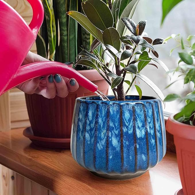 5.5 inch Plant Pot Ceramic，Reactive Glaze Pot with Drainage Hole for Indoor/Outdoor Plants，Breathable Small Cactus Pot Glazed Blue