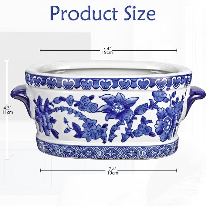 Blue and White Ceramic Planter Pot – Vintage Floral Oval Cachepot Vase for Indoor Plants, Flowers & Succulents – Glazed Chinese Porcelain Style Decorative Bowl – 7.4" Size – No Drainage