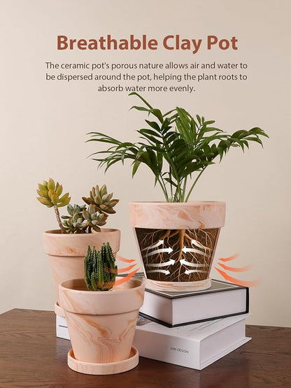 INGOFIN Terracotta Plant Pots 4.7/5.1/6.3 Inch Set of 3, Red White Clay Flower Pots with Drainage Holes & Tray Saucer, Breathable Garden Planters for Indoor Outdoor, Succulent, Cactus, Herbs