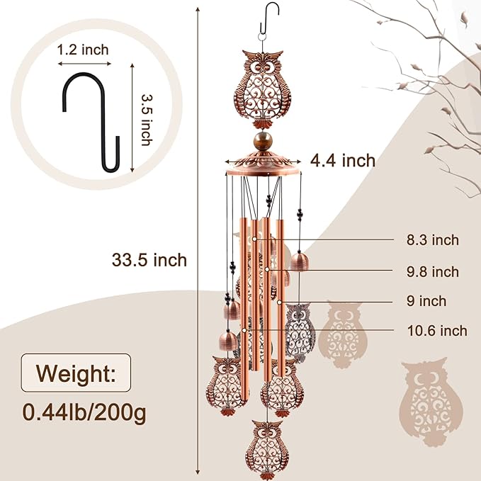 Wind Chimes Outdoor Clearance, Ukulork Owl Aluminum Tube Windchime with S Hook,Patio Garden Decor, Housewarming Gift.