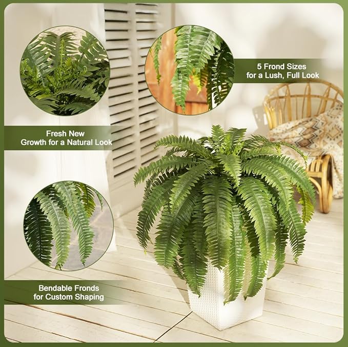 48" Boston Ferns Artificial Outdoor Plants - 39 Fronds UV Resistant Faux Greenery with Taper Planter- Realistic Fake Bushes Front Porch Decor for Garden, Patio, Indoors - Set of 2, VN153