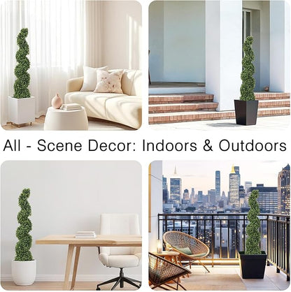 THE BLOOM TIMES 4ft Tall Spiral Topiary Trees Artificial Outdoor Set of 2, 48 Inch UV Resistant Large Faux Evergreen Fake Boxwood Plants for Front Porch Outside Planter Entryway Entrance Decor 4 Foot