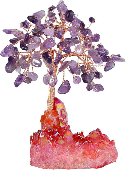 mookaitedecor Amethyst Crystal Tree, Quartz Cluster Red Titanium Crystals Base Bonsai Money Tree for Wealth and Luck