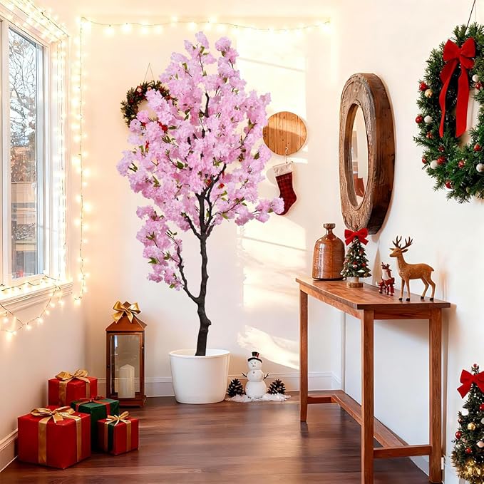 Artificial Pink Cherry Blossom Tree 7 FT Faux Flowering Trees Fake Cherry Blossom Decorative Tree Indoor for Christmas New Year Home Decor