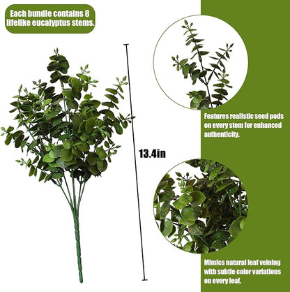 Artificial Fall Eucalyptus Plant – 8PCS Outdoor Fake Greenery, UV Resistant Fake Plants for Porch, Patio, Thanksgiving or Autumn Home Decor - Green Leaves