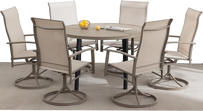 7 Piece Outdoor Dining Set, 47" Honey Oak Round Outdoor Dining Table with 6 Ivory Beige Swivel Patio Table and Chair Set of 6 for Lawn, Garden, or Porch