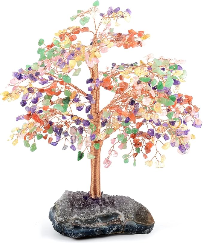 Natural Gemstone Crystal Tree of Life,Chakra Tree Multi Stone,Amethyst Geode Cluster Base,Positive Energy Healing Crystals Bonsai Money Tree,Feng Shui Home Decor Spritural Gift10-12"