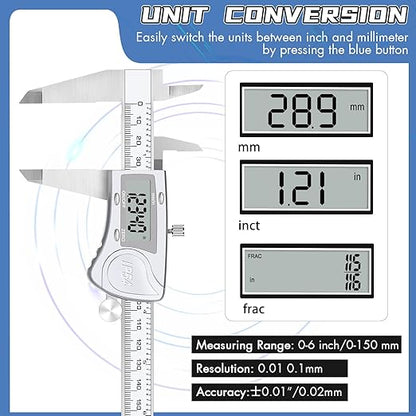 Electronic Digital Calipers, inch and Millimeter Conversion,LCD Screen displays 0-6" Caliper Measuring Tool, Automatic Shutdown, Suitable for DIY/Jewelry Measurement (200mm Stainless Steel)