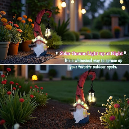 Evursua Solar Outdoor Figurine Lights Gnome Garden Decor Statue with LED Lantern, Glowing Fairy Yard Decorations for Outside Patio Yard Front Porch, Housewarming Home Decor Gifts Thanksgiving