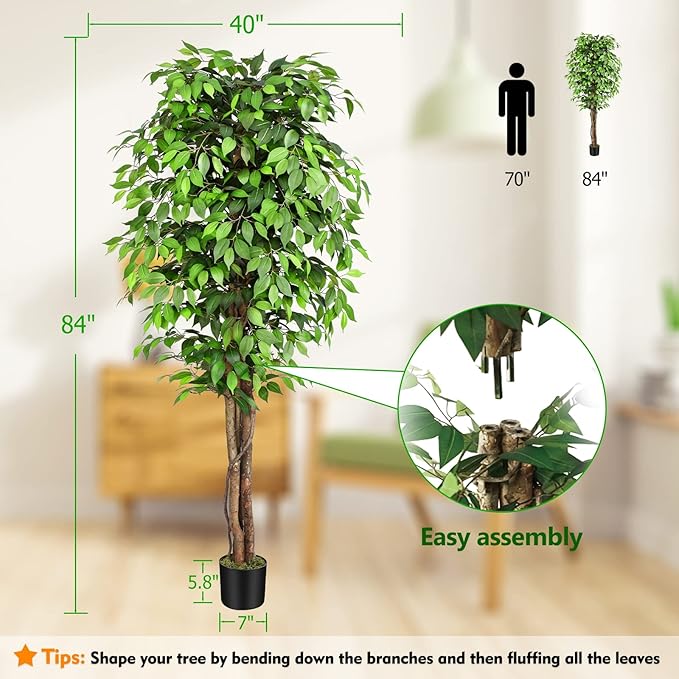 7ft Large Ficus Artificial Trees with Natural Curved Trunks, 84" Tall Lush Faux Tree for Home Decor Indoor, Green Lifelike Fake Ficus Tree Artificial Plants in Pot
