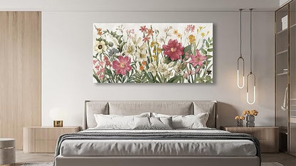 arteWOODS Botanical Canvas Wall Art - Flowers Pictures Wall Decor Wildflowers Plants Painting Artwork Red Beige Blooming Floral Prints for Living Room Bedroom Office Home Decor Ready to Hang 58 x 29in