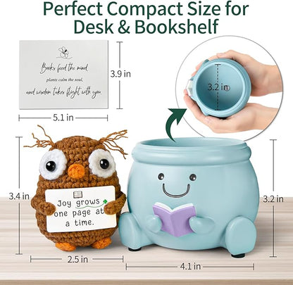 Book Lover Gift Set - Cute Reading Planter Pot with Positive Crochet Owl & Quote Card, Cozy Desk Decor for Teachers, Librarians, Women, Colleague, Friends