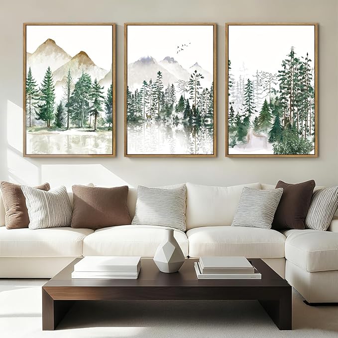 ANHUIB Large Framed Mountain Wall Art Watercolor Forest Landscape Painting Green Nature Prints Art Rustic Wall Decor Set of 3 for Living Room Bedroom Office 16x24 Inch