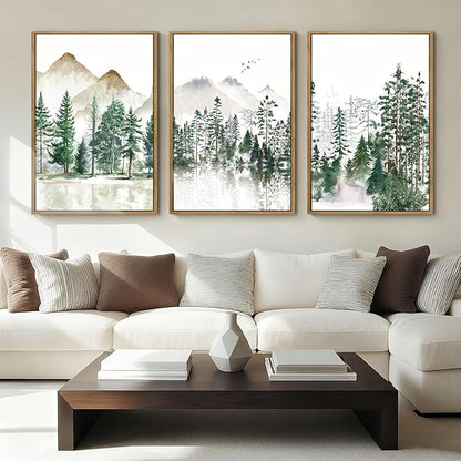 ANHUIB Large Framed Mountain Wall Art Watercolor Forest Landscape Painting Green Nature Prints Art Rustic Wall Decor Set of 3 for Living Room Bedroom Office 16x24 Inch