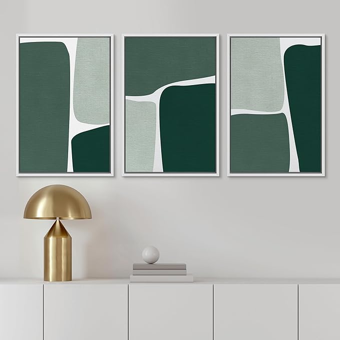 Ashbrook Framed Wall Art Print Set Geometric Green Color Block Collage Abstract Shapes Illustrations Modern Art Boho Scenic Colorful for Living Room, Bedroom, Office - 16"x24"x3 White