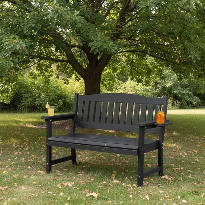 2-Person HIPS Outdoor Bench, Weatherproof Garden Bench with 800 lbs Weight Capacity, Artificial Wood Grains, Never Rot or Fade, Patio Benches for Garden, Porch, Balcony, Backyard,Park, Black