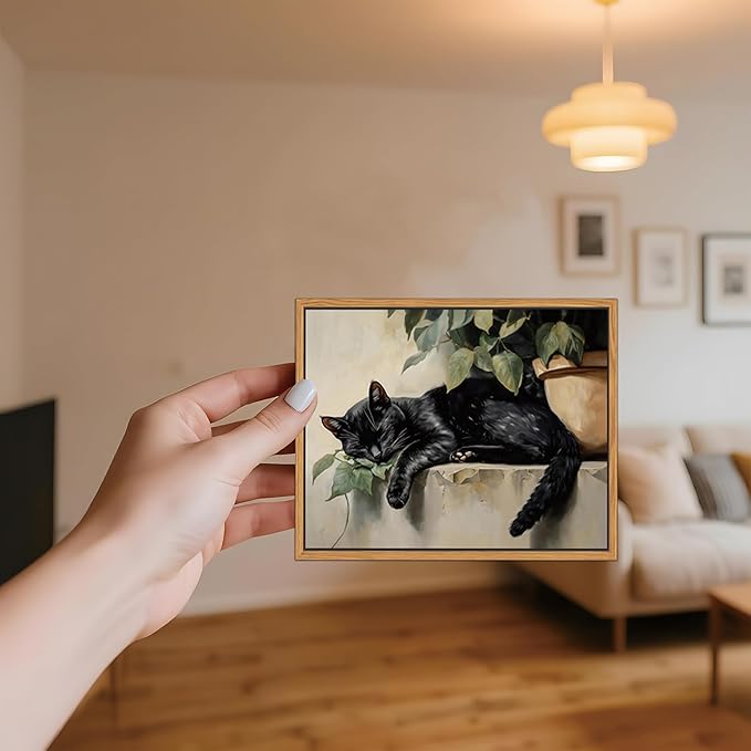 Floating Framed Black Cat Canvas Wall Art, Lazy Cute Cat Wall Decor Paintings, Vintage Animal Plant Prints Poster, Rustic Aesthetic Home Decor for Living room Bedroom Bathroom 8x10 inch
