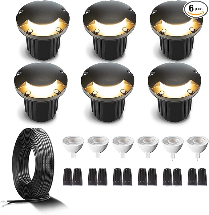 Gardenreet Brass Low Voltage Inground Lights Kit(6 Pack) with MR16 Bulb & 100Feet Wire & Connectors, 12V LED Well Lights IP65 Waterproof Landscape Lighting for Outdoor Sideway Path(1 Way Turret)