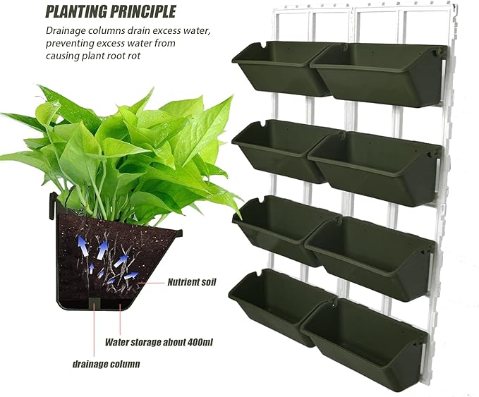 Vertical Wall Hanging Planter 8 Pockets, 4-Tier Indoor and Outdoor Plant Stand with Detachable Hooks, Hanging Plastic Pot Balcony Planter for Flowers Vegetables Herbs(4 Plugs)
