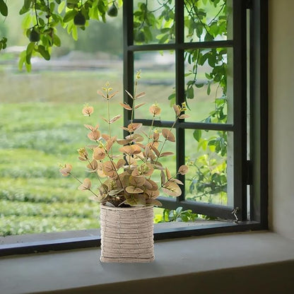 Small Fake Plants 16 Inch Eucalyptus Stems Artificial Plant in Offwhite Leather Woven Planter with Polished River Rocks Evergreen Faux Plant Indoor for Home Bathroom Kitchen Decor