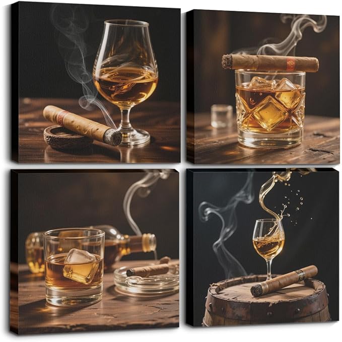 Whiskey & Cigar Framed Canvas Wall Art Set of 4, Modern bar pictures Artworks for Wall Decor, Liquor Still Life Glass Smoke Decor for Kitchen Bar Pub Home, 7.9"x7.9"