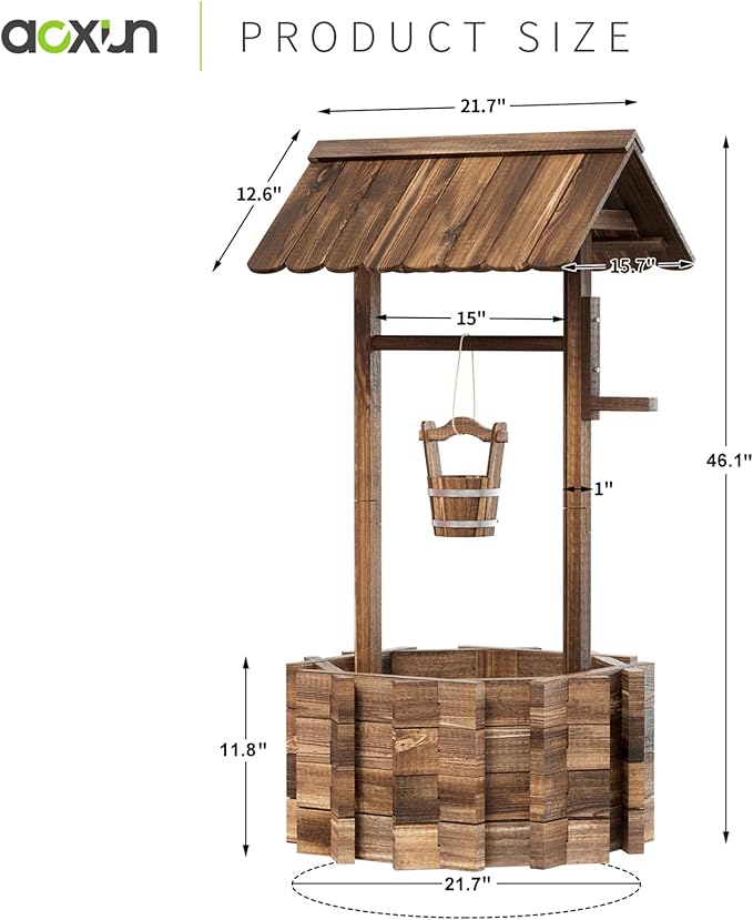 Aoxun Wooden Wishing Well Planters with Hanging Bucket, Garden Helper, Rustic Garden Decor for Outside, Yard, and Patio, Upgrade Reinforced Base, Brown