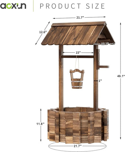 Aoxun Wooden Wishing Well Planters with Hanging Bucket, Garden Helper, Rustic Garden Decor for Outside, Yard, and Patio, Upgrade Reinforced Base, Brown