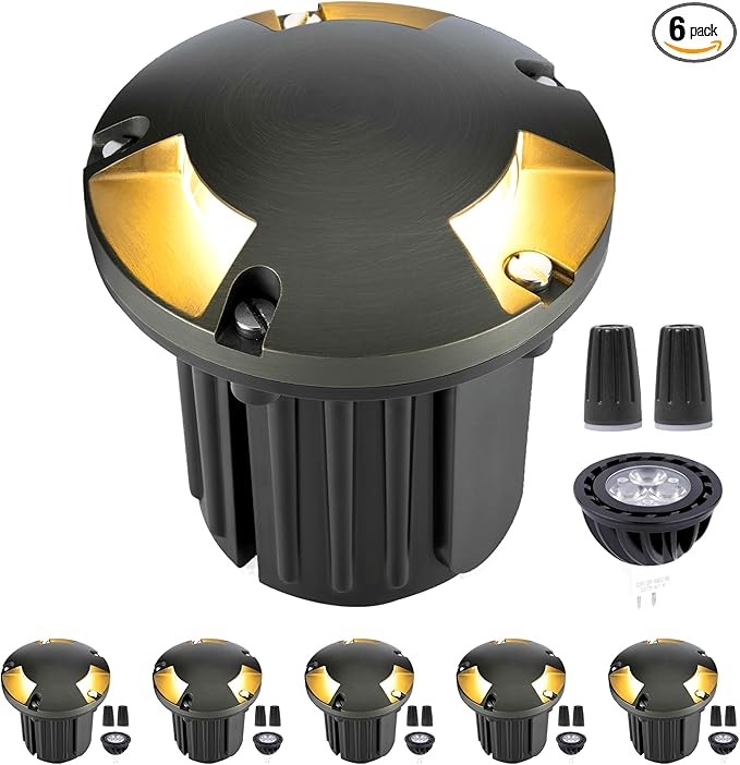 Gardenreet Landscape Well Lights Outdoor - Brass Weatherproof Low Voltage In Ground Lighting, LED 12V Turret Top Fixture, Antique Bronze for Floor Deck Pathway with 2700K Warm White MR16 Bulb