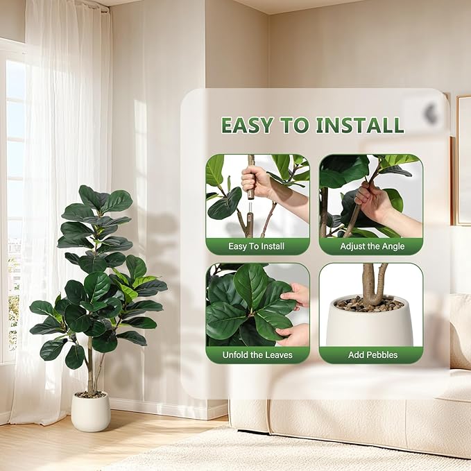 4 ft Fiddle Leaf Fig Tree Artificial with 48 Leaves - Realistic Faux Ficus Lyrata Trees in 7.8 in White Planter Pot, Indoor Fake Floor Plants for Home Office Living Room Decor, Housewarming Gift