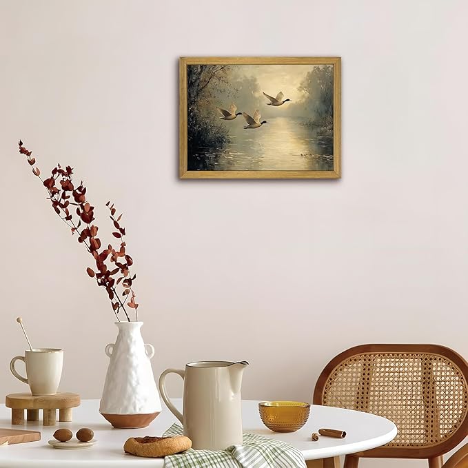 Wood Framed Canvas Landscape Wall Art, Countryside Art Wildlife Nature Pond Wall Decor, Vintage Mallard Duck Oil Paintings Print for Living Room, Bedroom, Office, Rustic Decor 12x16 inch