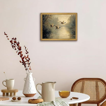 Wood Framed Canvas Landscape Wall Art, Countryside Art Wildlife Nature Pond Wall Decor, Vintage Mallard Duck Oil Paintings Print for Living Room, Bedroom, Office, Rustic Decor 12x16 inch