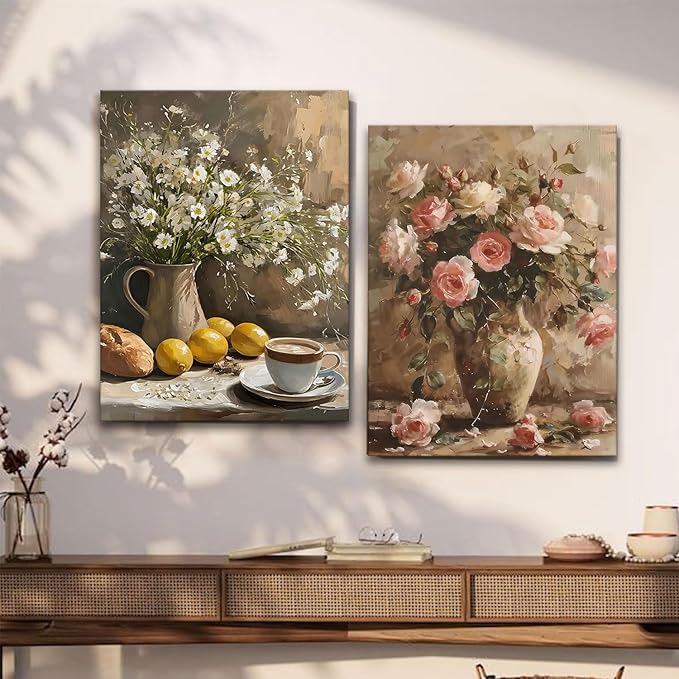Kdyudo 2 pcs Vintage Floral Canvas Framed Wall Art French Country Pink Rose Oil Painting Print Daisy Lemon Still Life Kitchen Poster Artwork Suitable for Living Room Dining Room Wall Decor 12x16 inch