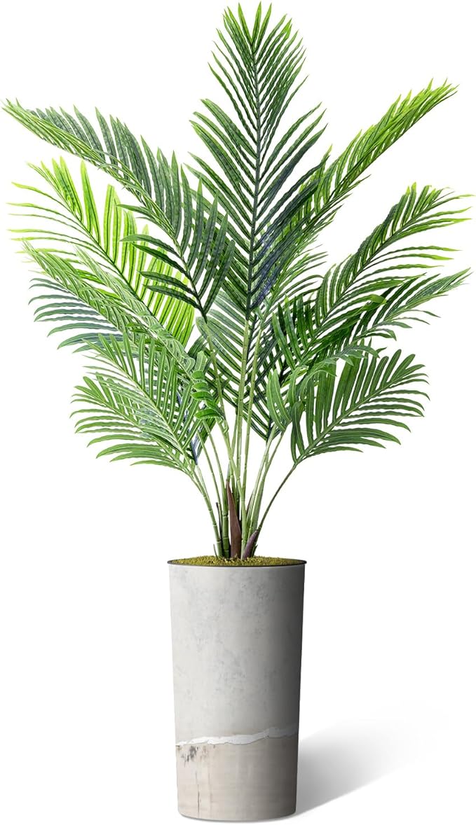 Artificial Tree in Gray Tan Watercolor Abstract Planter, Fake Areca Tropical Palm Silk Tree for Indoor and Outdoor Home Decoration - 66" Overall Tall (Plant Pot Plus Tree)