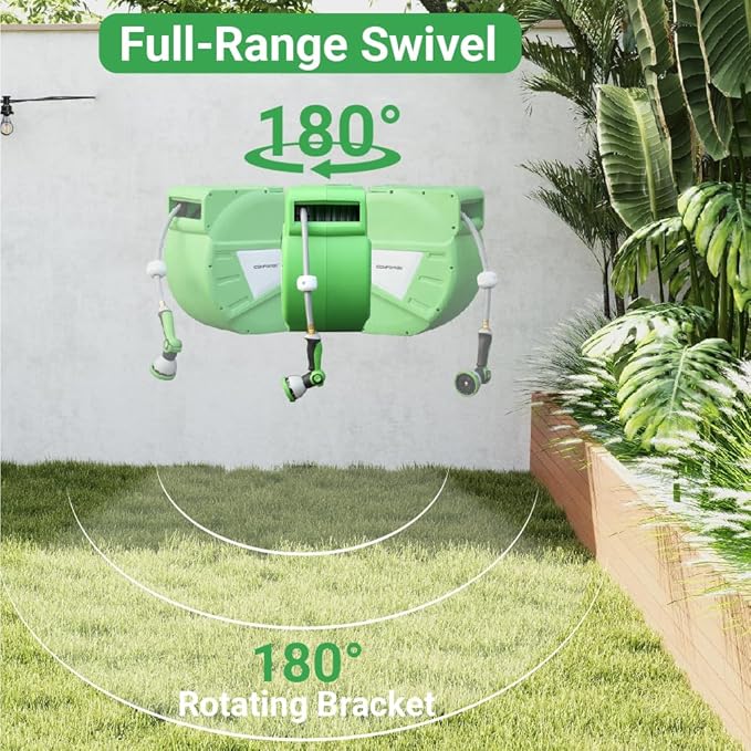 Retractable Garden Hose Reel, 1/2 in x 130 ft, Wall Mount Hose Reel, with 180° Swivel Bracket, Automatic Slow Return System, Any Length Lock for Outside