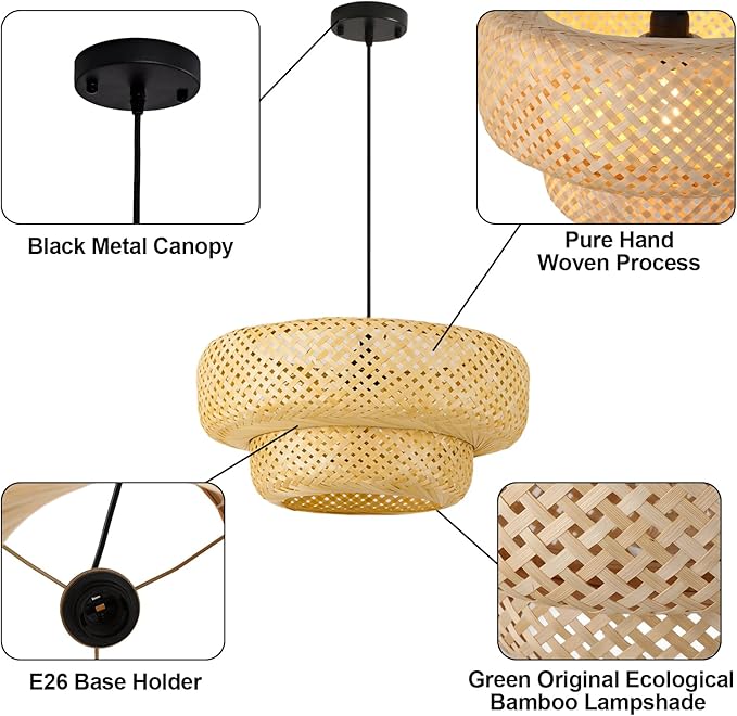 17.8 inch Farmhouse Bamboo Pendant Lighting Handmade Woven Chandelier Beige Bohemian Hanging Light Fixture for Kitchen Island Dining Room Living Room Coffee Restaurant