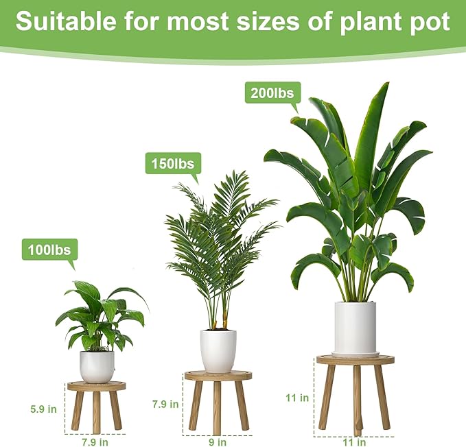 3-Pack Wood Plant Stands Indoor, Single Plant Stand for 6-12 Inch Pots, Mid-Century Modern Plant Stool, Tall Plant Stand for Large Plants for Living Room, Balcony, Office (Light Brown