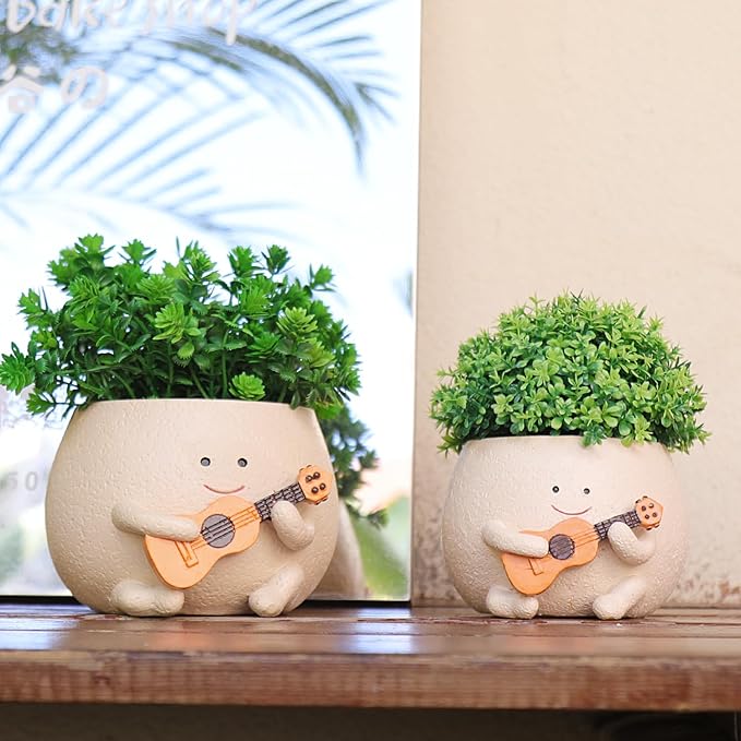 Planter Pot with Drainage Hole Cute Resin Head Planters for String of Pearls Plant Live Unique Guitar Succulent Pots for Indoor Outdoor Plants Gift IdeaI for Christmas (Large)