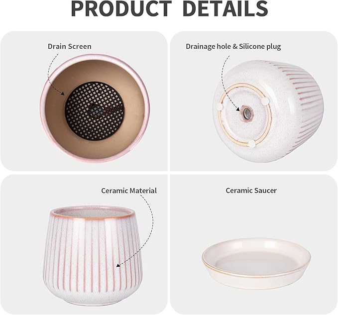 TAMAYKIM 7 + 5.5 + 4.25 Inch Ceramic Plant Pots with Drainage Hole and Ceramic Tray, Adorable Pink Flower Planter Pot Sets for Indoor Outdoor Plants, Succulent, Snake Plants, Cactus & Herbs, Set of 3