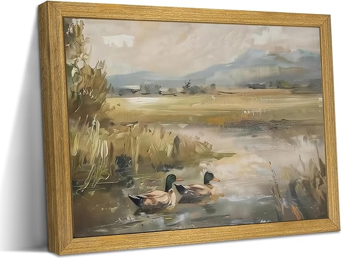 Vintage Countryside Landscape Canvas Wall Art – Mallard Ducks Wildlife Painting, Rustic Nature Decor Print Poster for Living Room Bedroom Farmhouse Wall Decor 8x10 Inch Framed