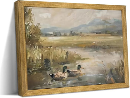 Vintage Countryside Landscape Canvas Wall Art – Mallard Ducks Wildlife Painting, Rustic Nature Decor Print Poster for Living Room Bedroom Farmhouse Wall Decor 8x10 Inch Framed