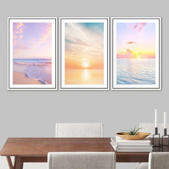Ashbrook Framed Wall Art Print Set Pastel Dawn Sunset Ocean Beach Wave Landscape Nature Wilderness Photography Modern Art Scenic Colorful Chic for Living Room, Bedroom, Office - 24"x36"x3 White